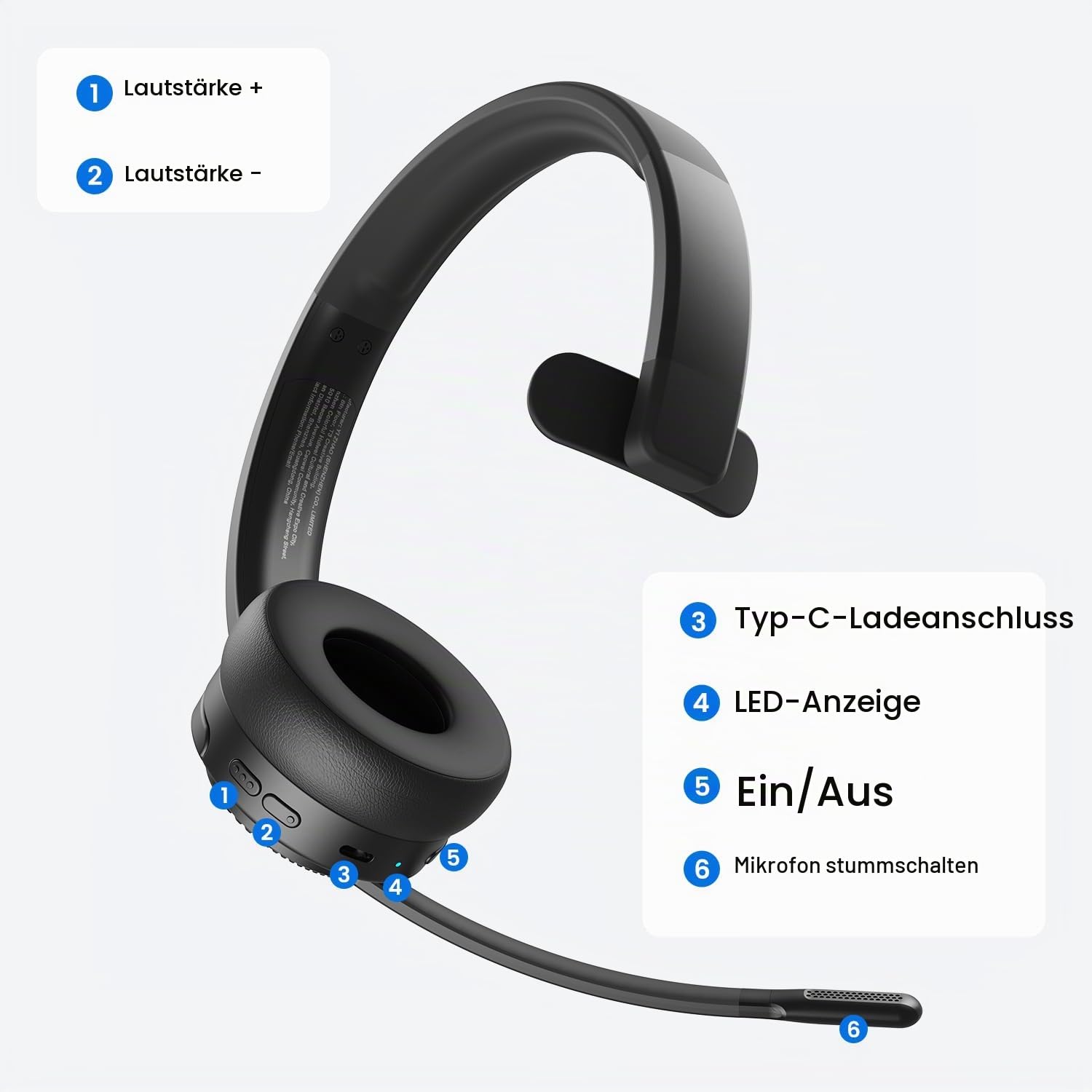 EKSA H3 Bluetooth Headset mit Mikrofon, [65 Stdn Wiedergabezeit & 30M Reichweite] Wireless Headset Mono PC Headset mit Mic Rauschunterdrückung, Upgraded 5.4 Bluetooth Kabellose Headset für Büro/Office
