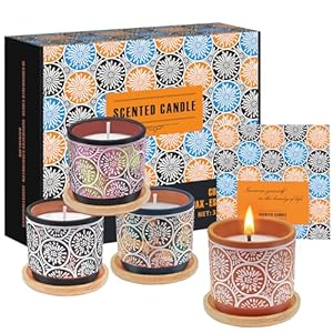 Scented Candles for Home, Cute Soy Candles 4 Pack, Aromatherapy Candle Set Including Orange, Lemon, Rose, Vanilla Candle, Decorative Handmade Pottery Jar Candles Gifts for Women, Perfect for SPA, Yoga