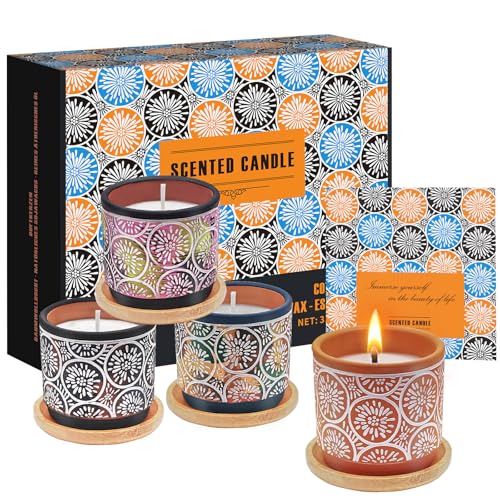Scented Candles for Home, Cute Soy Candles 4 Pack, Aromatherapy Candle Set Including Orange, Lemon, Rose, Vanilla Candle, Decorative Handmade Pottery Jar Candles Gifts for Women, Perfect for SPA, Yoga