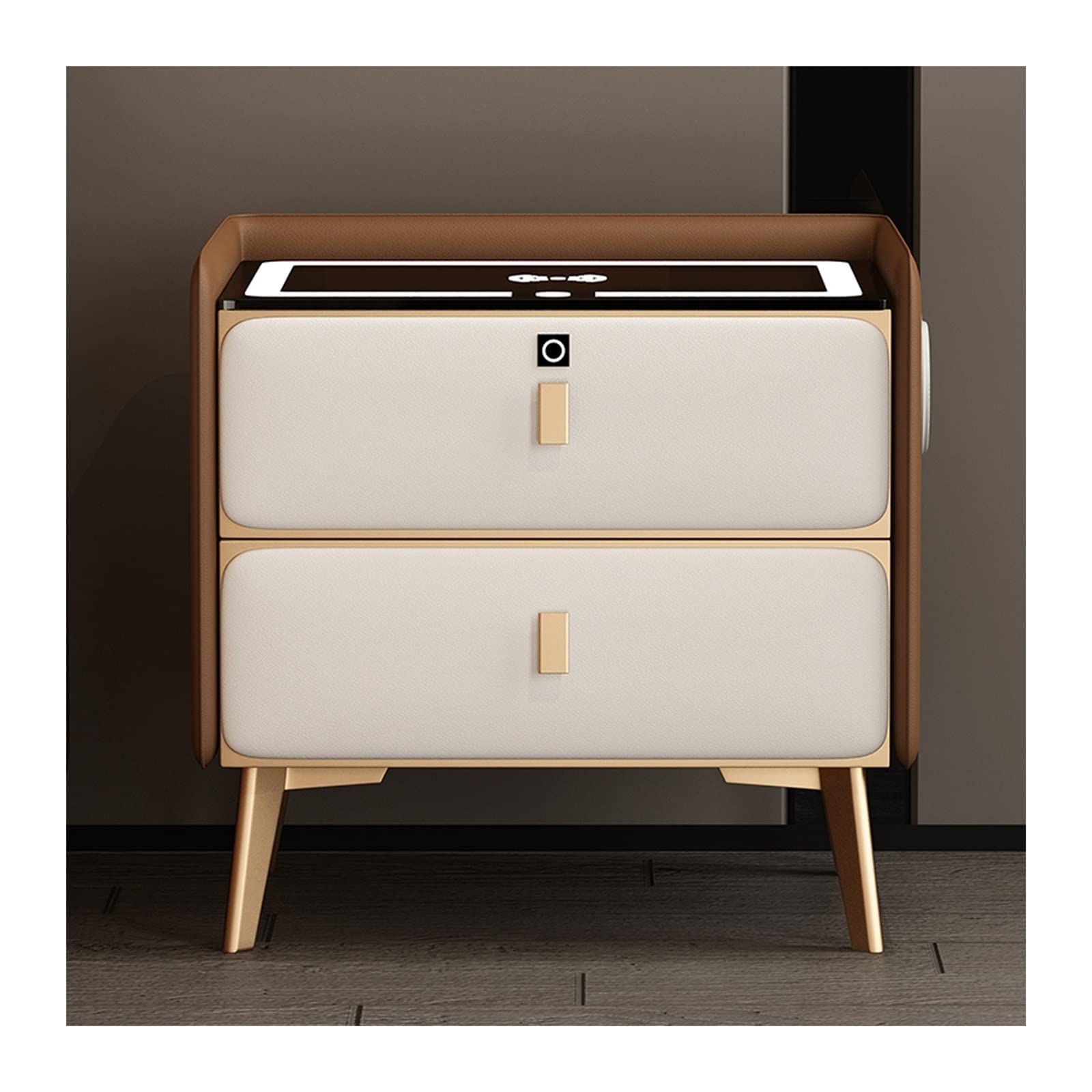ASerZenith Smart Nightstand Bedside Tables Charging Station And Led Lights,Bedside Table With 2-Drawer And Fingerprint Unlock, Speaker, Nightstands For Bedroom,Beige