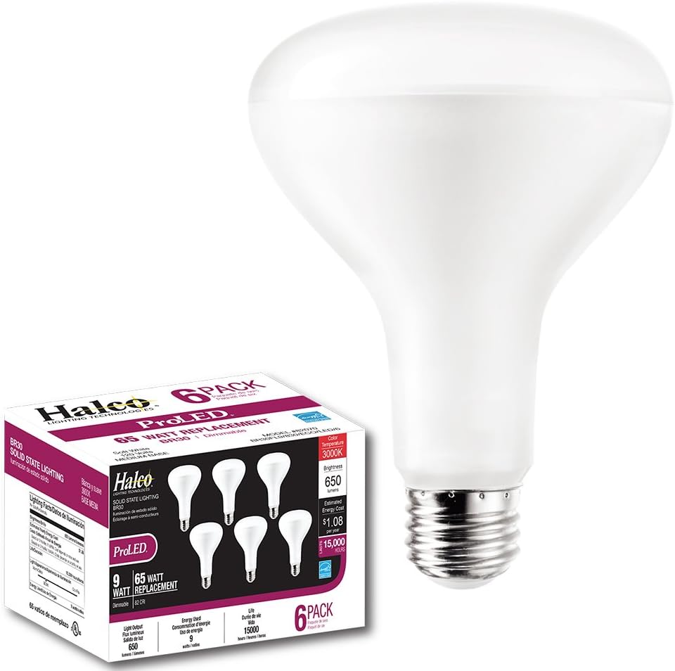 ProLED BR30FL9/830/ECO/LED/6 Halco Lighting Eco 6 Pack 9W 3000K Dimmable Residential Light, Commercial, & Hospitality Halco Contractor Series 6 Pack, Br30, White
