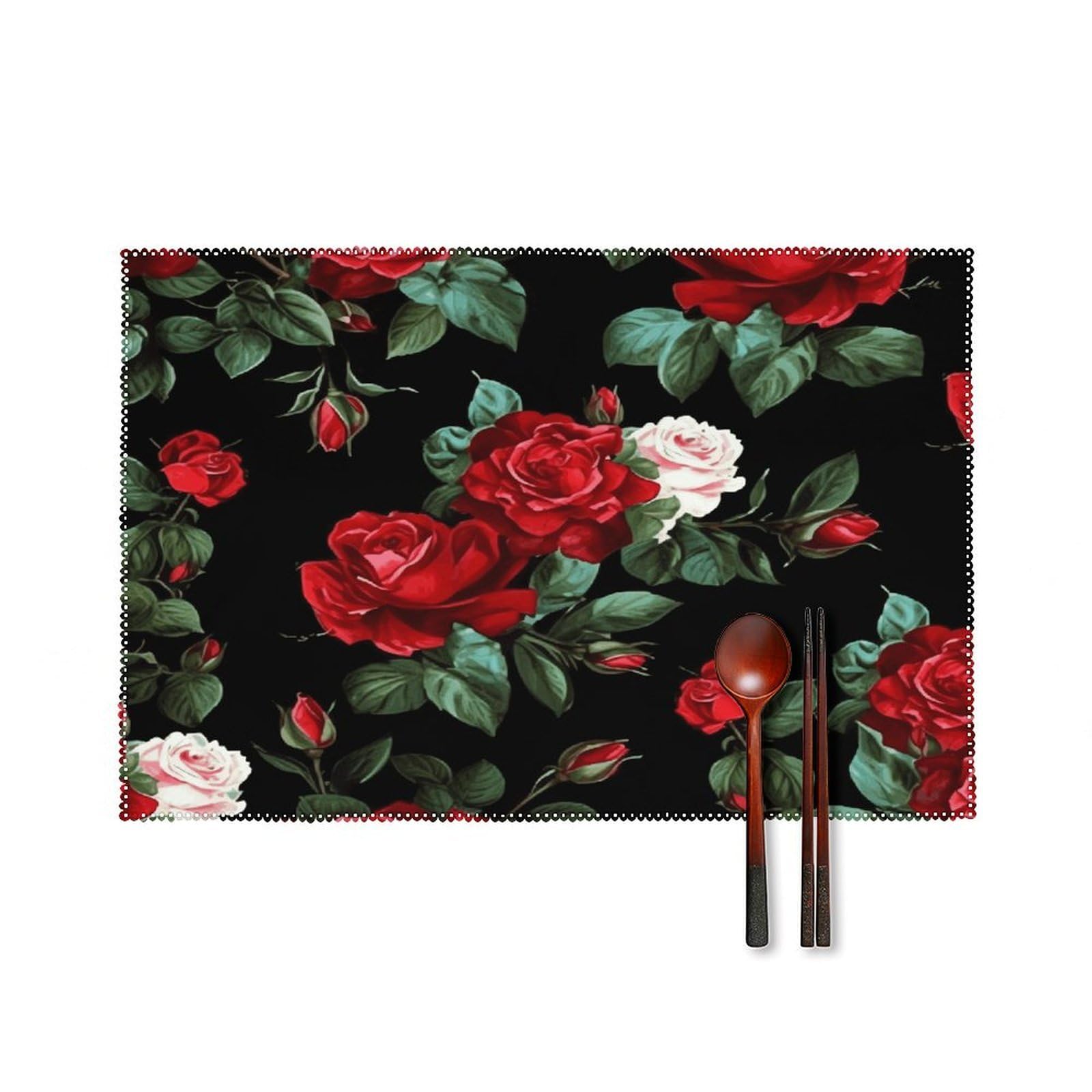 Beautiful Rose Gift Placemats Set of 4 Canvas Washable Cloth Place Mats Wipeable Heat Resistant Table Mats Elegant Cloth Placemat for Kitchen Dinning Party Table Decor 12" X 18"