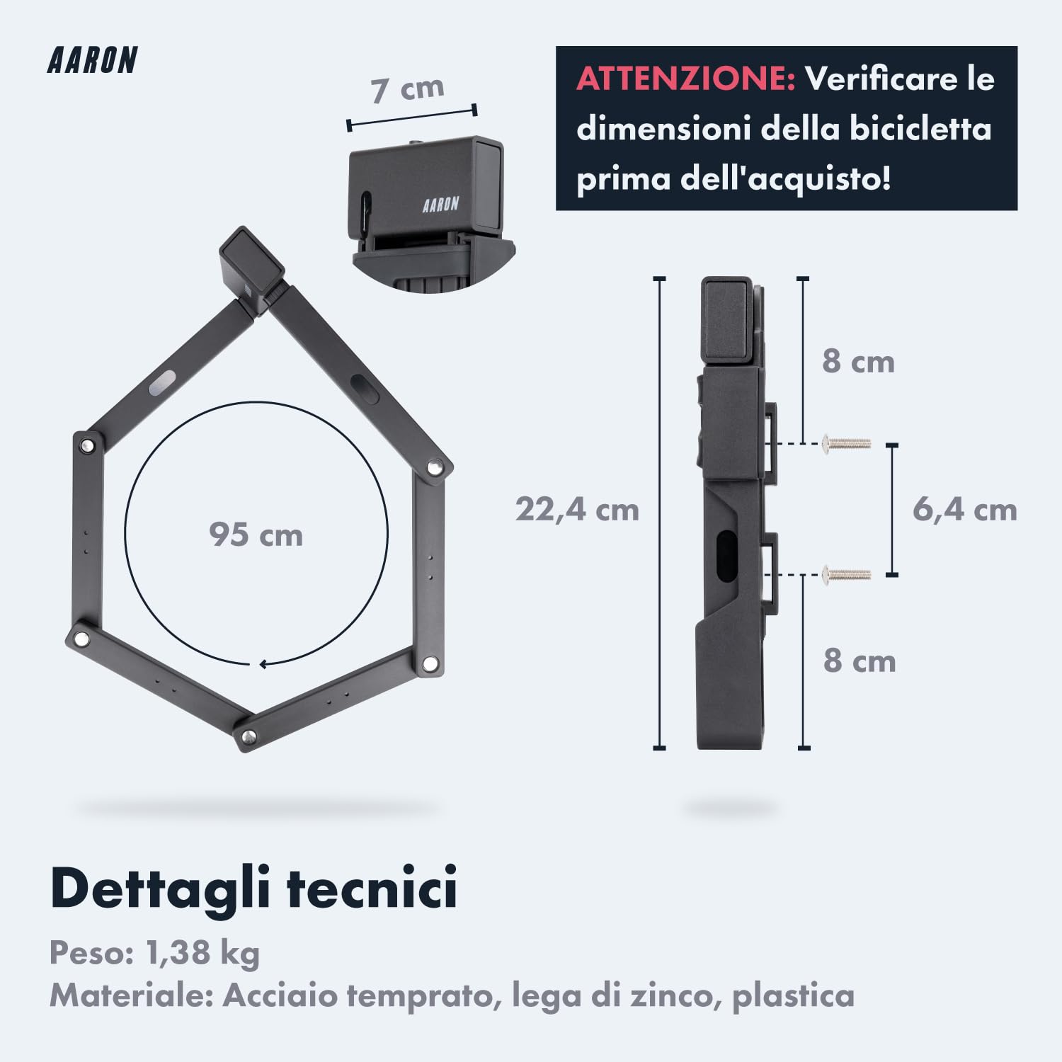 Lucchetto Pieghevole AARON Shield Livello 14 – Acciaio Temprato 100 Cm, Per Bici E Moto, Con Supporto E 3 Chiavi