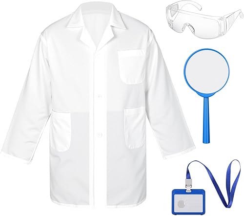 Miniatura 7 de 16 piezas de abrigo de laboratorio para niños, kit de disfraz de laboratorio científico con gafas, tarjeta de identificación para proyectos