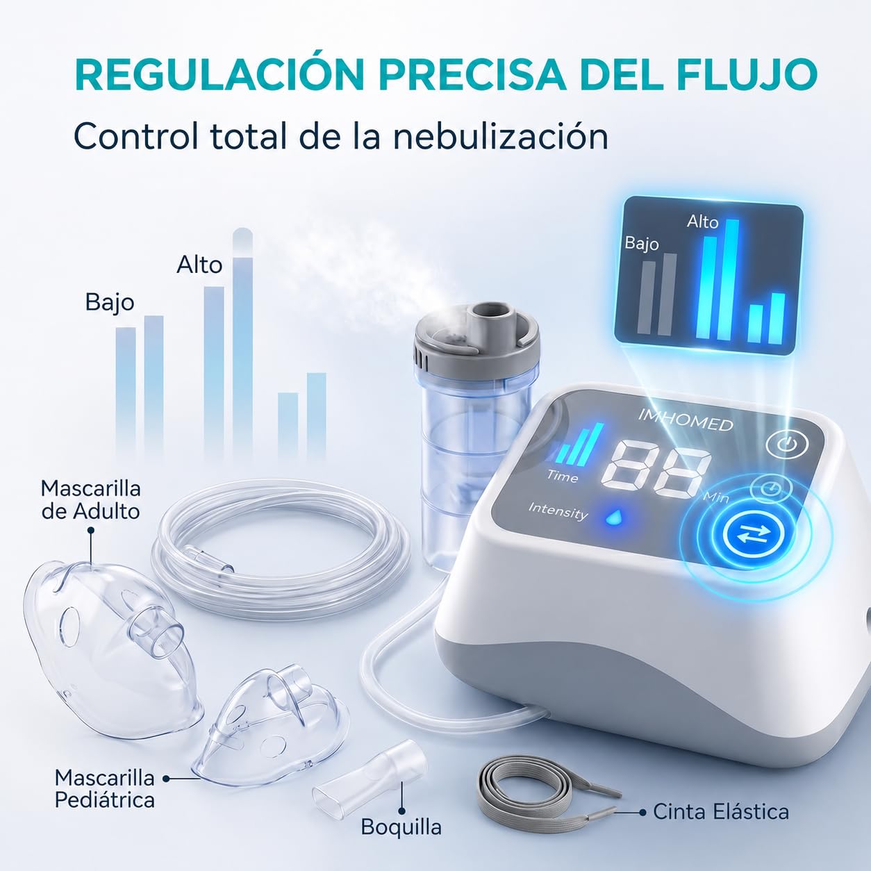 Nebulizador Portatil Bebe Adultos y Niños Con REGULACIÓN DE FLUJO, Inhalador Nasal para Enfermedades respiratorias, Alta Capacidad de Atomización, Tecnología con Compresor de aire