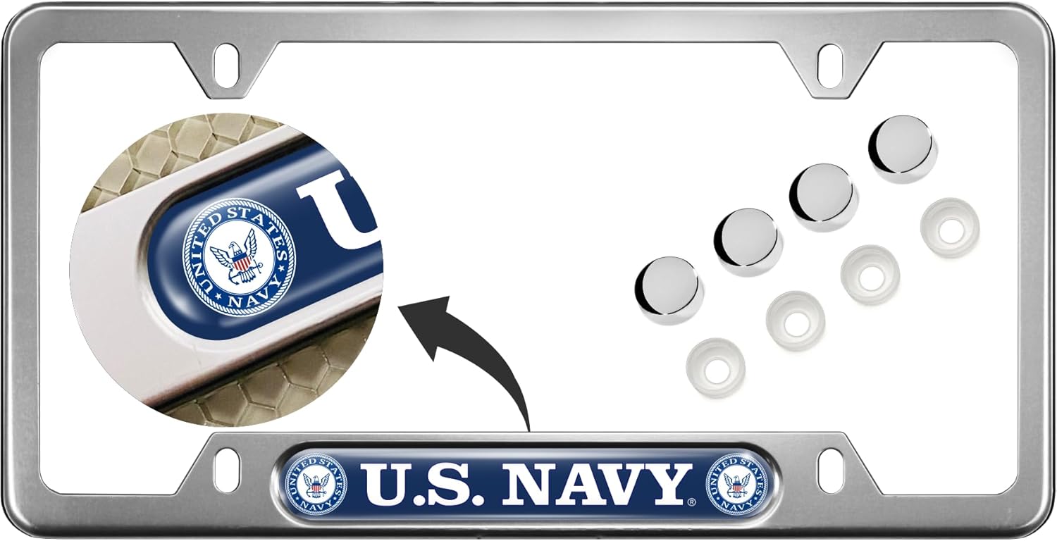 [U.S. Navy Officially Licensed Product] - USA Patriotic Anodized Aluminum Thin Top | Narrow Top Car License Plate Frame with U.S. Navy Insert with Free caps - Black
