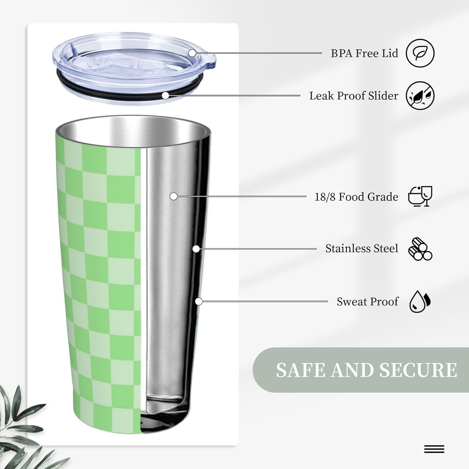 Green Checkered 20oz Tumbler with Lid and Straw for Women Men, Watercolor Buffalo Check Plaid Insulated Mug Gingham Stainless Steel Tumbler Double Wall Vacuum Travel Mug Coffee Cup - Image 5