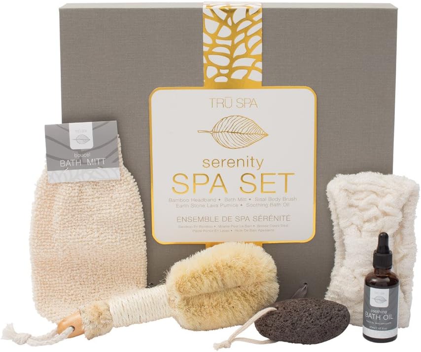 Tru Spa Serenity Spa Set, At Home Spa and Self Care, Includes Boucel Bath Mitt, Bath Scrubber, Soothing Bath Oil, Pumice Stone, and Bamboo Headband