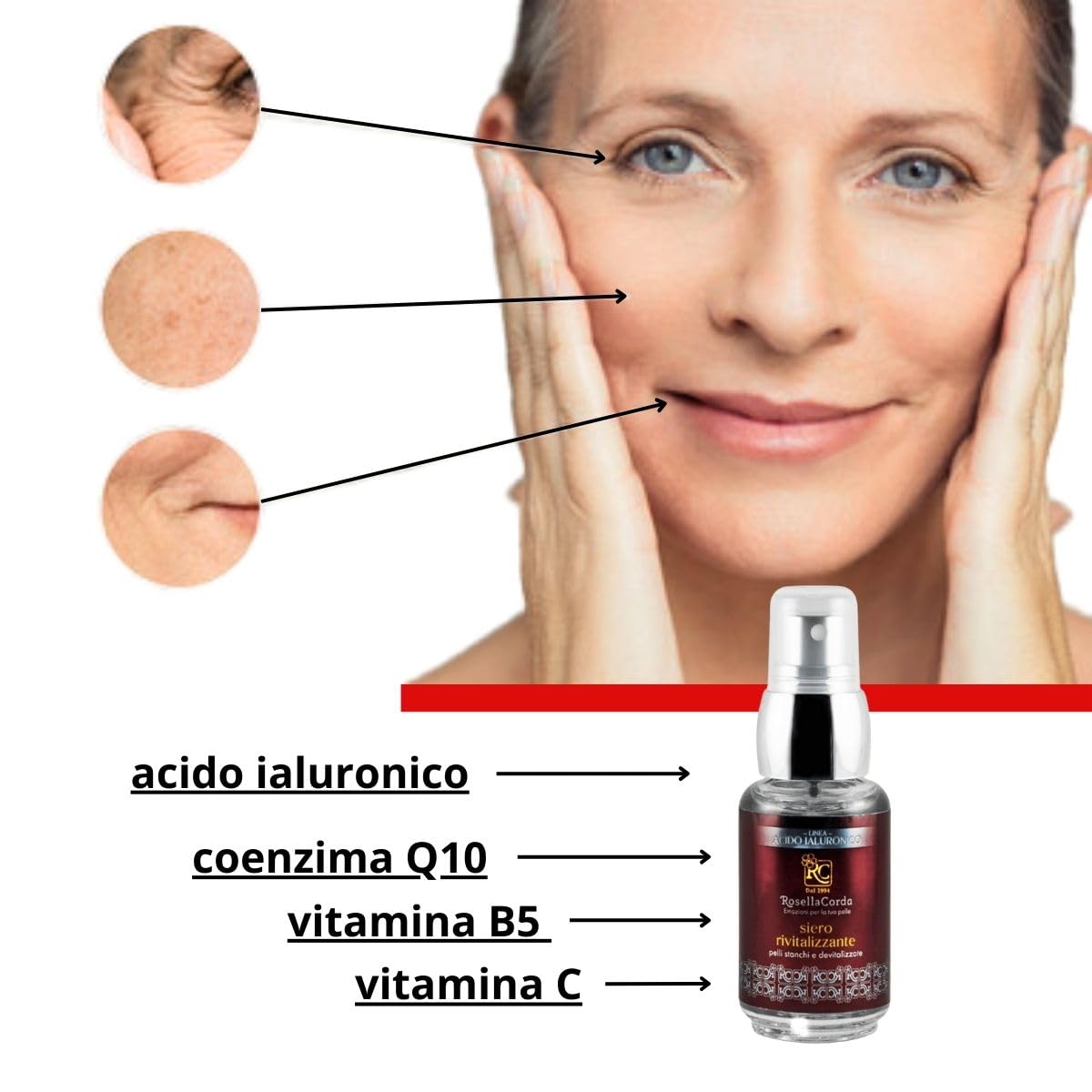 Siero rivitalizzante linea Acido Jaluronico RC, rimpolpante, coenzima Q10, vitamina B5 vitamina C della rosa canina per Uomo e donna,30 ml