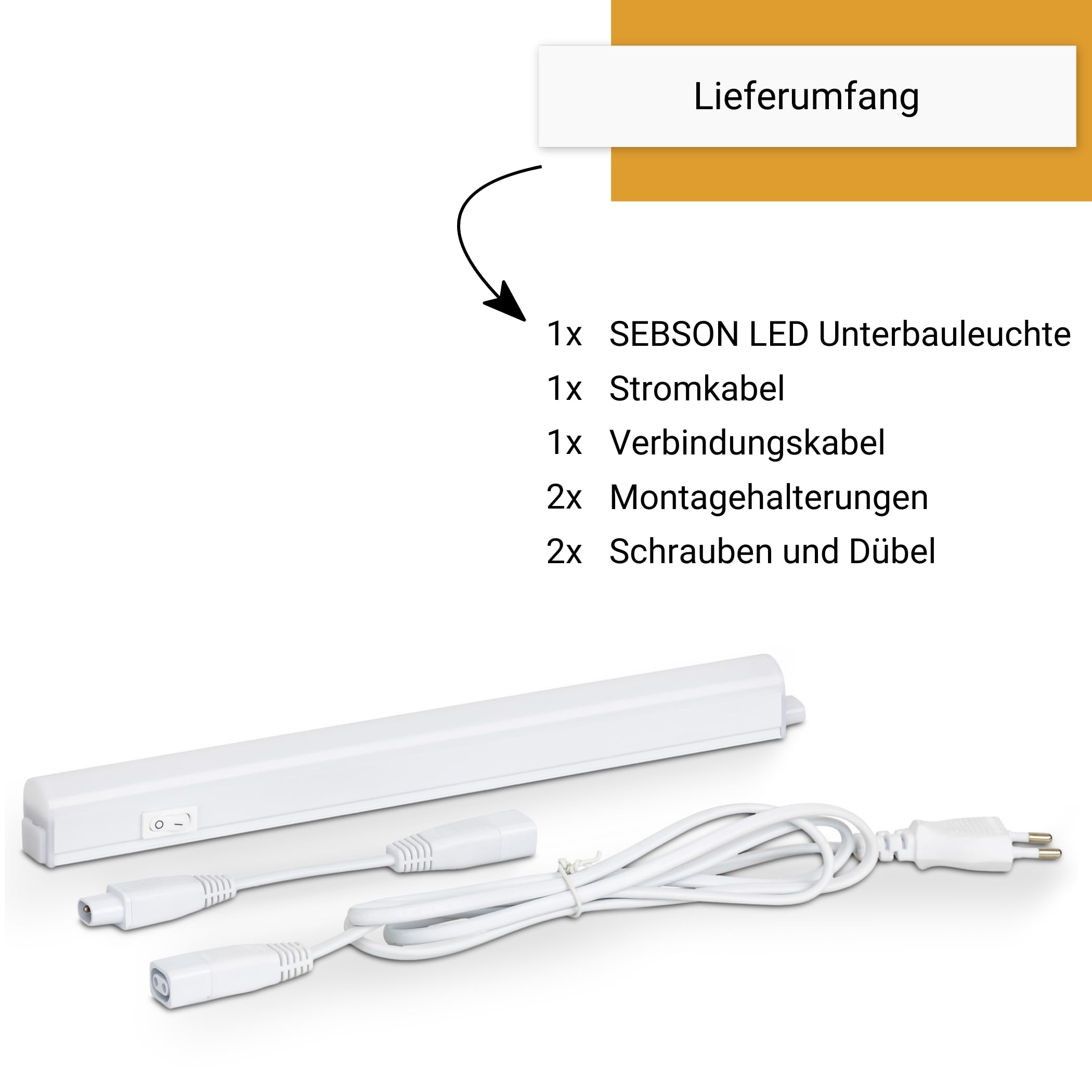 SEBSON LED Unterbauleuchte Küche 60cm mit Stecker und Schalter, 4000K Neutralweiß 9W 1400lm, LED Lichtleiste 230V, Küchenlampe Unterbau 570x30x22mm
