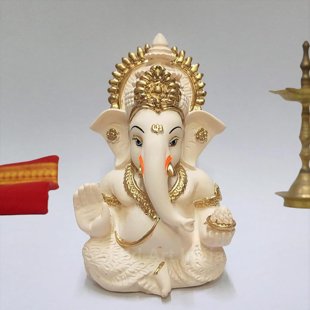 Gold Art India Peach Terracotta Colour Golden Paint Work Vinayaka Idol Car Dashboard Idol Ganesha Murti Ganpati Idol for Home Decor Puja Lord Ganesh Statue Gift for Office Desk Puja Room Figurine
