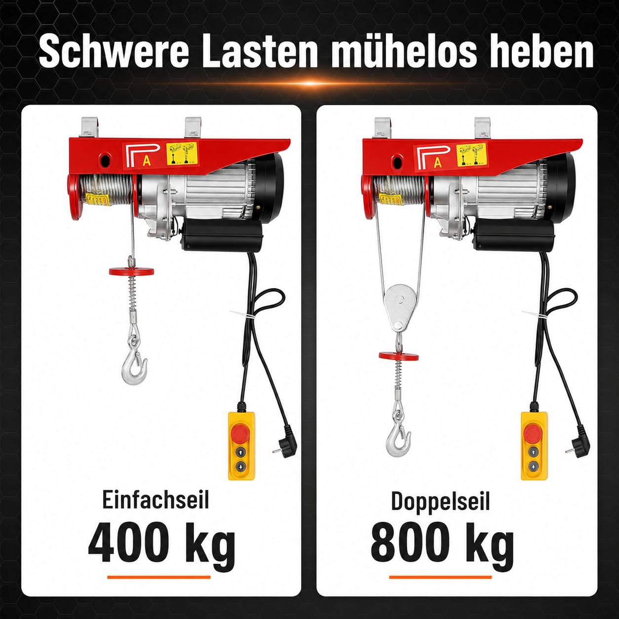Elektrische Seilwinde 230V 800 kg Hubkraft 10 m Hubhöhe 1350-1450 W Motor mit Fernbedienung