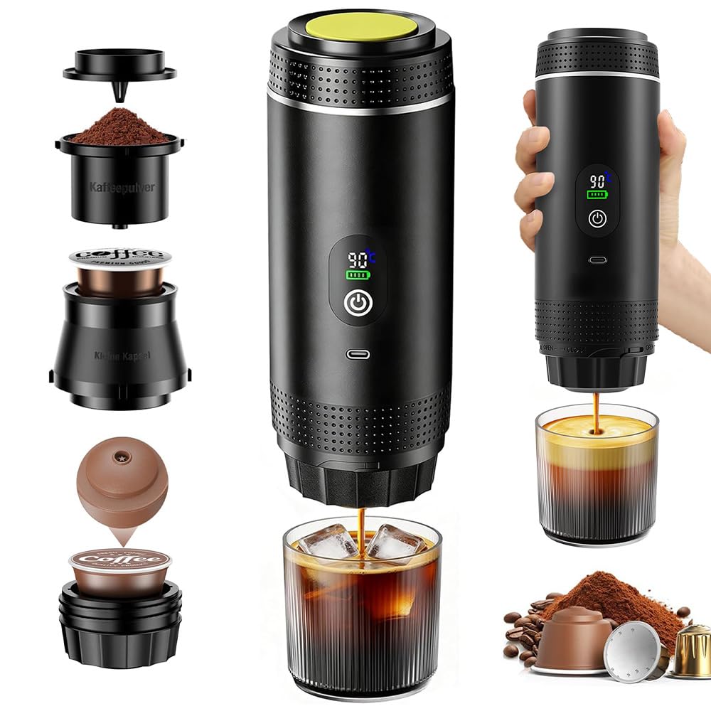 Cafetera Portátil 3 en 1, Mini Cafetera Portátil de Espresso y Capsulas, Autocalentamiento de 5 Minutos, Compatible con Cápsulas y Café Molido, Carga Rápida USB-C, para Acampadas, Senderismo