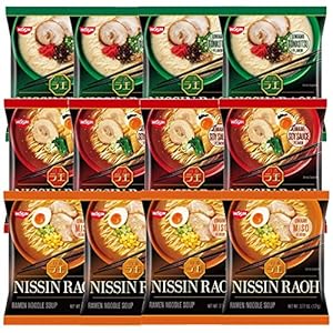 Nissin RAOH Ramen Variety Packs Noodle Soup, Tonkotsu, Soy Sauce, and Miso, Forks Included (Pack of 12)