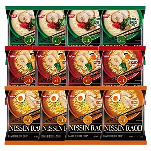 Nissin RAOH Ramen Variety Packs Noodle Soup, Tonkotsu, Soy Sauce, and Miso, Forks Included (Pack of 12)