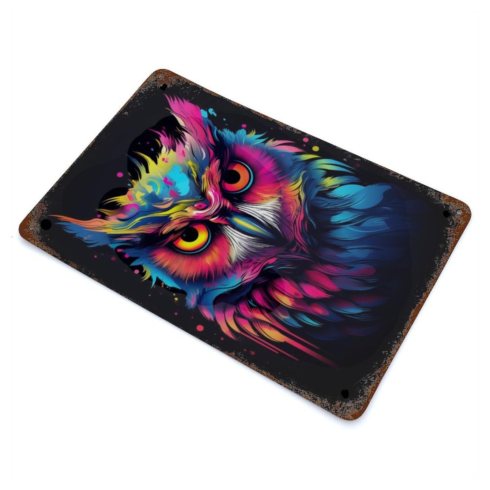 Neon Owl Rustic Tin Plaque 11.8"x7.9", Ideal for Shed, Workshop And Garage Wall Decor