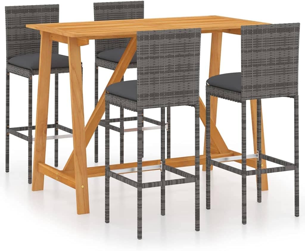 vidaXL 5 Piece Garden Bar Set with Cushions Grey | Outdoor Dining Acacia Wood Table & Rattan Stools Comfortable Modern Design for Patio Balcony Tables and Chairs Bistro Stool Furniture Pub