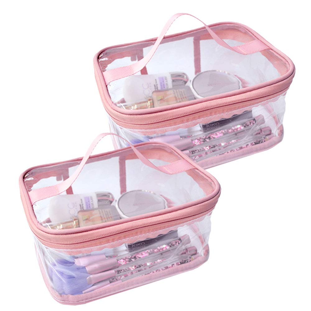 ANEMEL 2-Pack Toiletry Bag Makeup Cosmetic Clear Bag Portable Waterproof Transparent Travel Large Storage Pink