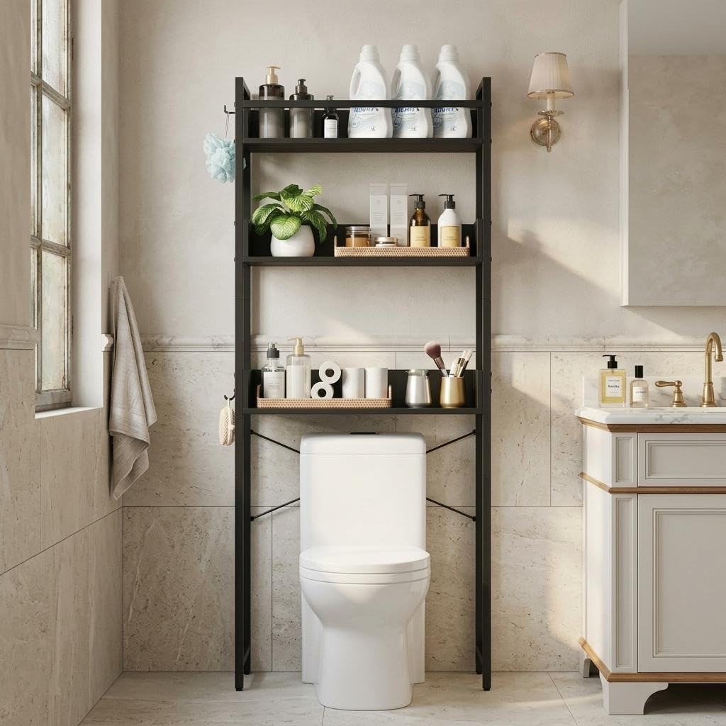 Étagère de Toilette 3 Niveaux,66x23x162 cm,Rangement au-Dessus des WC en Fer, Meuble Salle de Bain Économiseur d’Espace avec Crochet, pour Buanderie Cuisine Balcon Salon, Noir