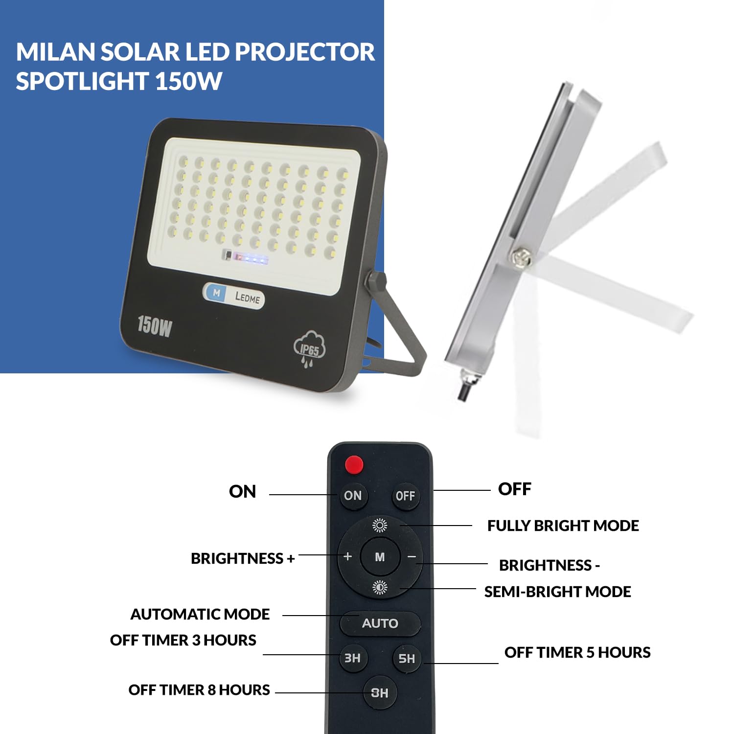 M Ledme - Proiettore solare a LED da 150W con telecomando, 145 lumen, dimmerabile, IP65, Luce fredda (6000k), batteria di grande capacità 15.000 mAh. Lunghezza del cavo 2,10M