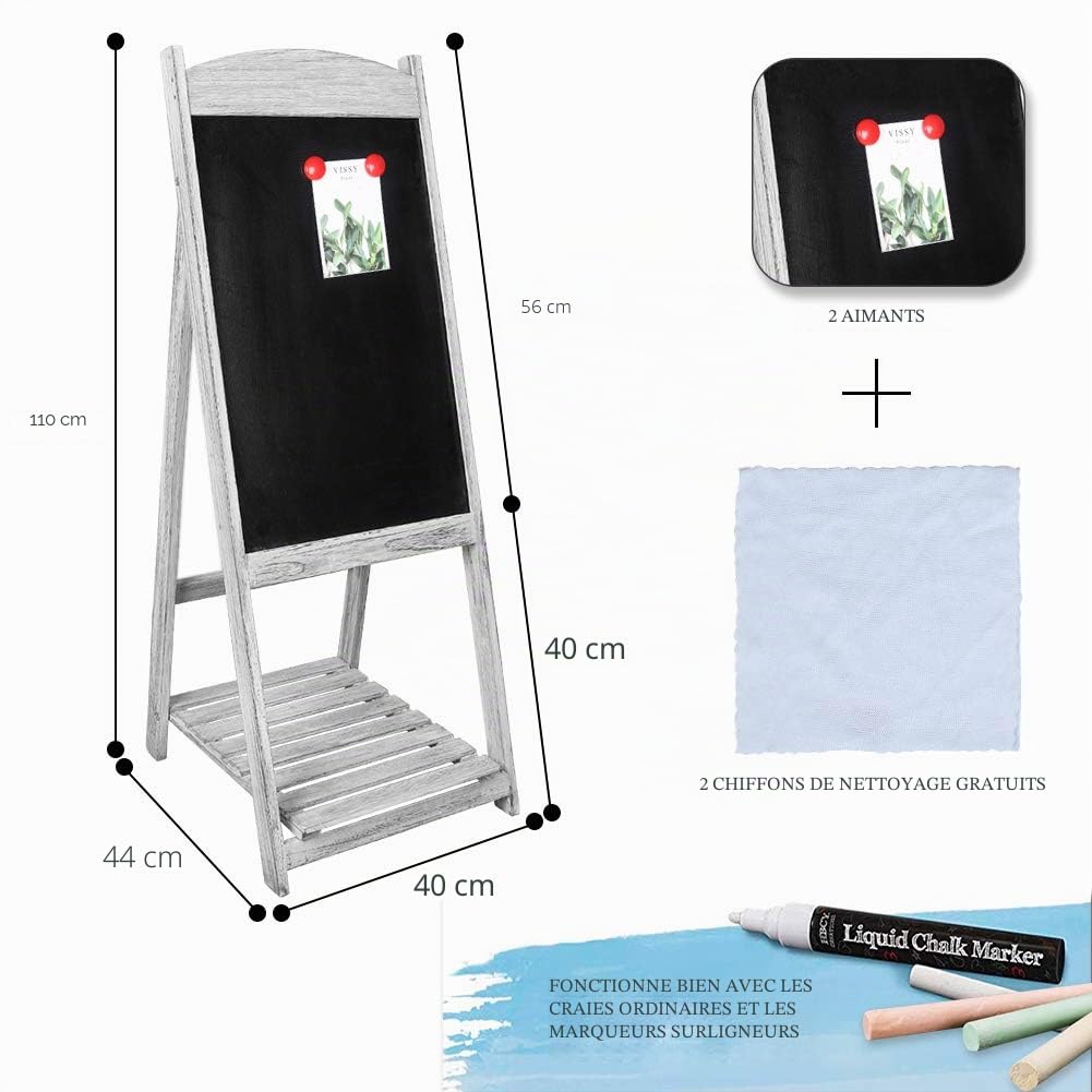 unho Panneau Publicitaire Sur Pied, Tableau Noir Ardoise Magnétique Cadre en Bois Chevalet Trottoir Extérieur Avec Étagère de Rangement 110 x 44cm Idéal Pour Restaurant Café Bar Bistrot - Gris