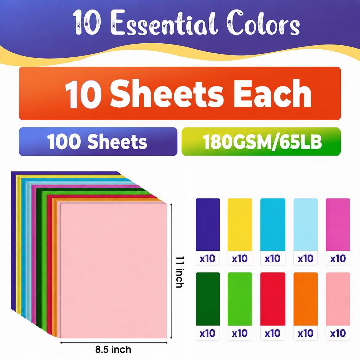 CreGear 100 hojas de cartulina de colores, 10 colores surtidos, papel de cartulina de 8.5 x 11 pulgadas, cartulina de 180 g/m²/65 libras, papel de cartulina para hacer tarjetas, manualidades, álbumes