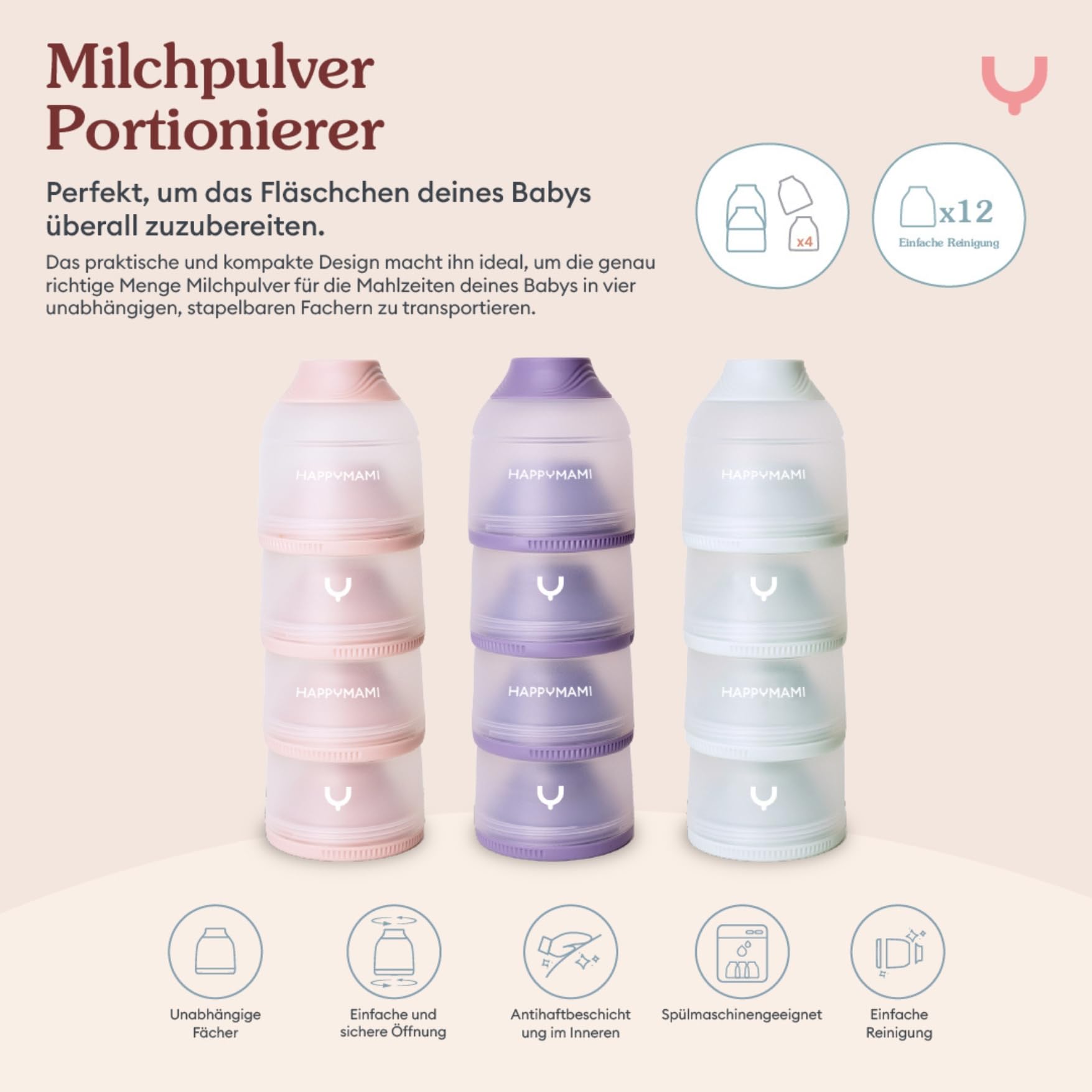 Milchpulver-Portionierer oder Getreidedosierer, Farbe Pastell-Aquamarin, 4 tragbare Fächer mit je 360 ml, leicht zu transportieren, einfache Öffnung, antihaftbeschichtete Innenfläche. (Seidenrosa)