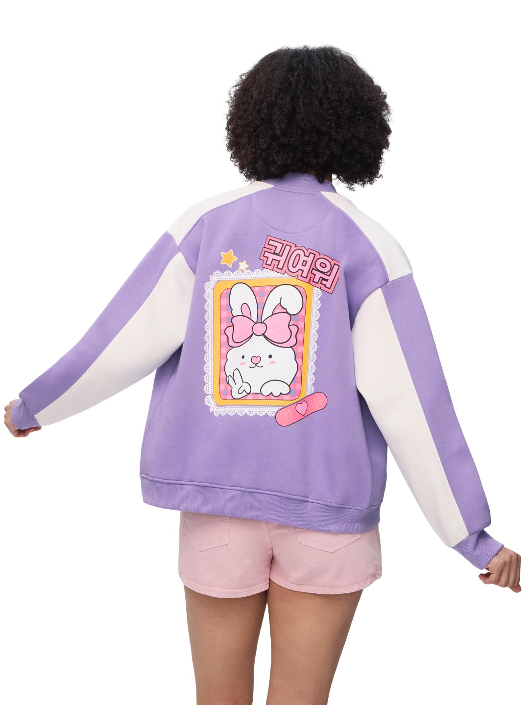 the souled store Pretty Purple Women and Girls Long Sleeves Band Neck Button Front Purple Cotton Blend Oversized Varsity Jackets-picture-52
