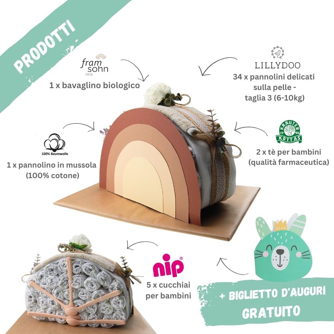 myBambini ®Torta di pannolini Arcobaleno Vintage - Bambini e bambine - Neutro Unisex - Regalo di nascita - Juta - Babyshower- Prodotti per l'infanzia - Pannolini - Acquista la torta adesso