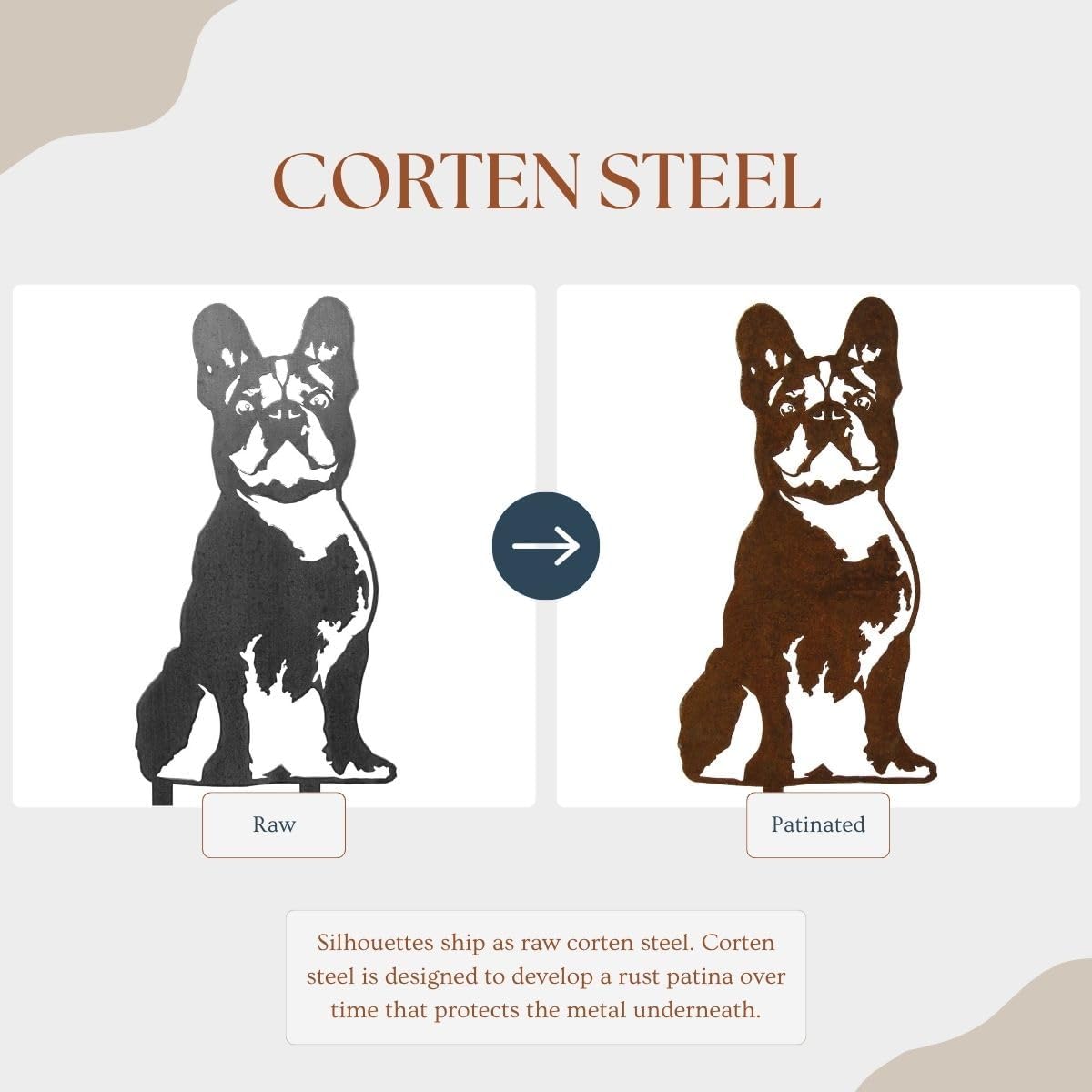 Corten Steel French Bulldog Dog Silhouette Yard Stake (Large)