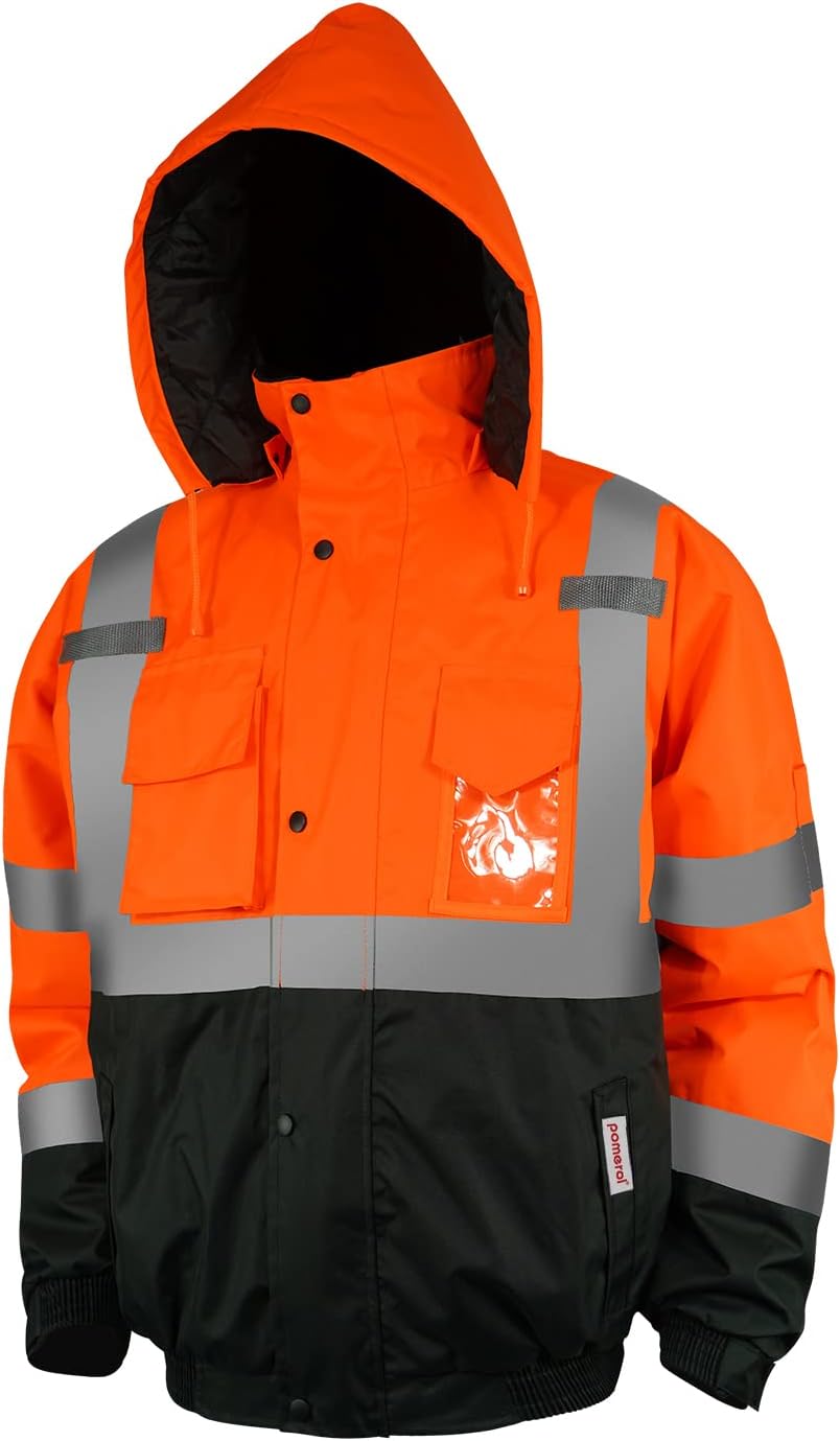 Pomerol High Visibility Reflective Jacket, ANSI Class 3 Bomber Jacket Workwear for Men, Waterproof Safety Jacket for Construction, Orange, X-Large : Clothing, Shoes & Jewelry
