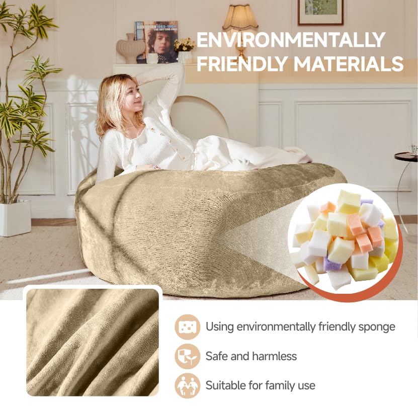 Image of Bean Bag Chair with Plush Faux Fur Cover with Removable CoverBig Bean Bag Chair for Living Room Bedroom (Apricot, 6FT)