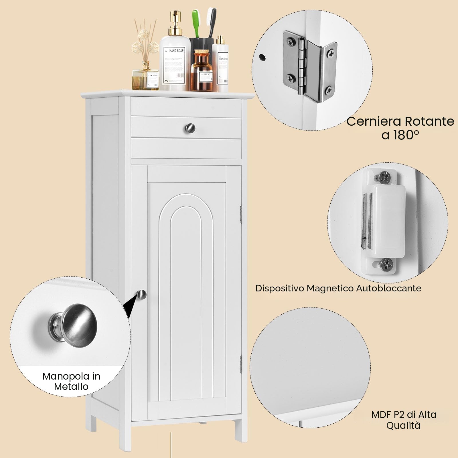 LIFEZEAL Mobiletto Bagno Salvaspazio, Mobiletto Multiuso in Legno 35,5 x 30,5 x 88cm, Mobile Bagno con Cassetto e 1 Porta, Armadietto da Terra con Ripiani Regolabile per Cucina e Soggiorno, Bianco