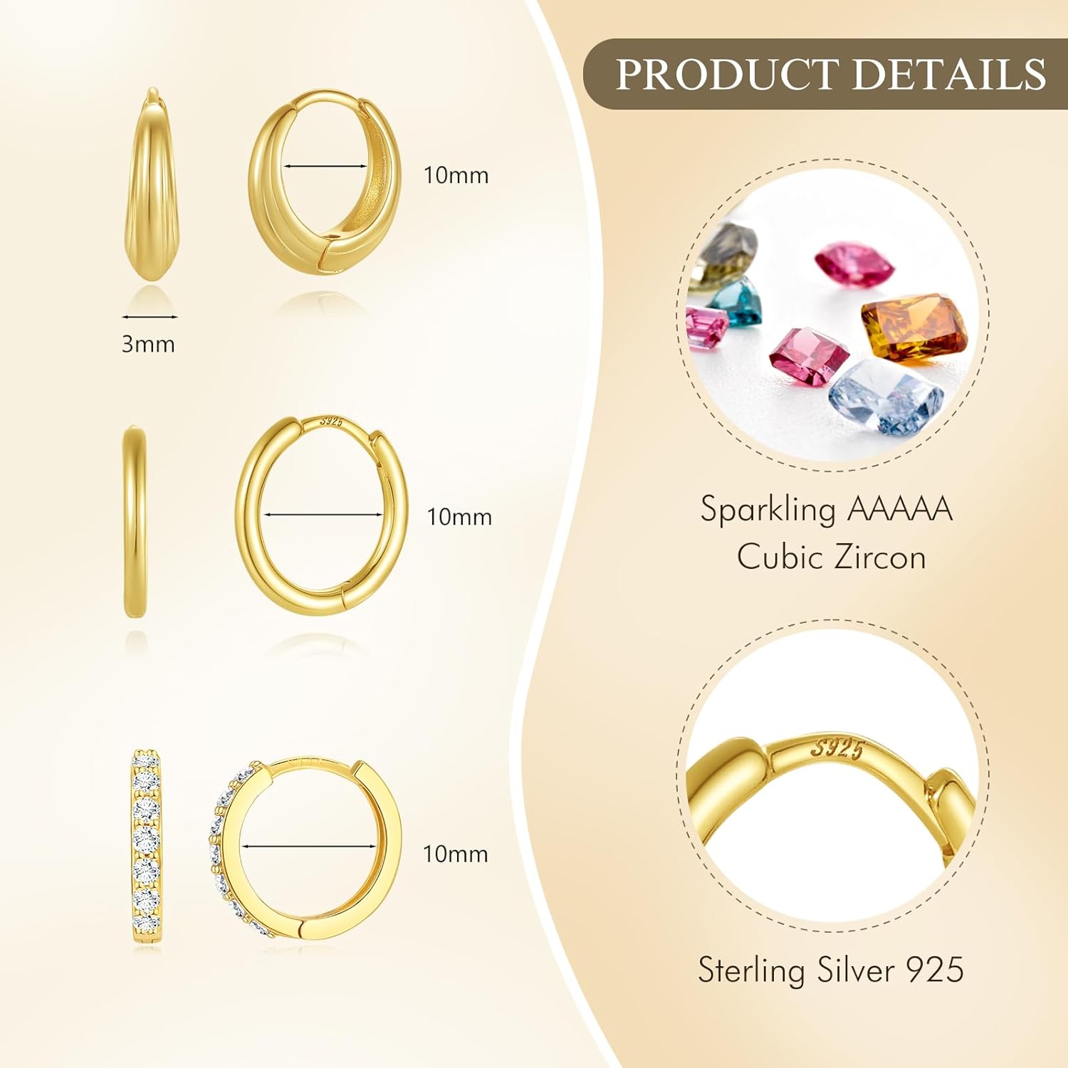Angelady 14K Gold Huggie Hoop Earrings Set for Women, 3 Pairs Small Hoop Earring Stacks Hypoallergenic, Trendy Ear Cuff Hoops Cartilage Earrings for Women - Image 6