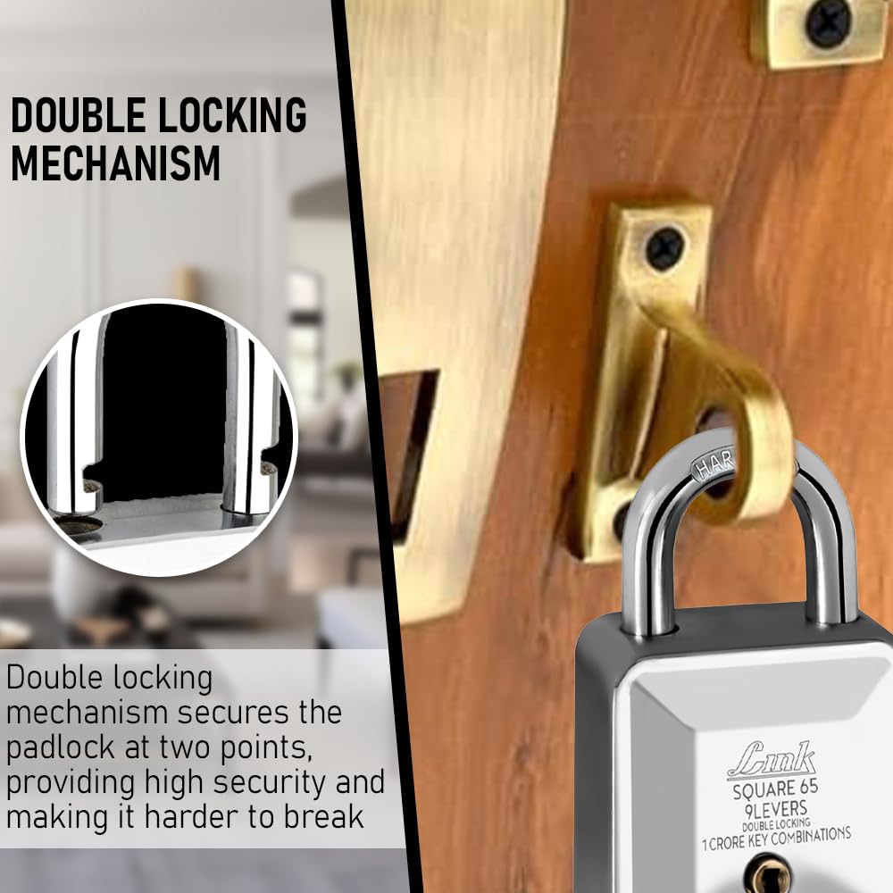 Link Square 65mm Diamond Cut Patented Design Padlock | 9 levers | Double Locking | 1 Cr Key Combinations | Hardened Shackle | Solid Steel Body with 3 Keys — Amazon image 4