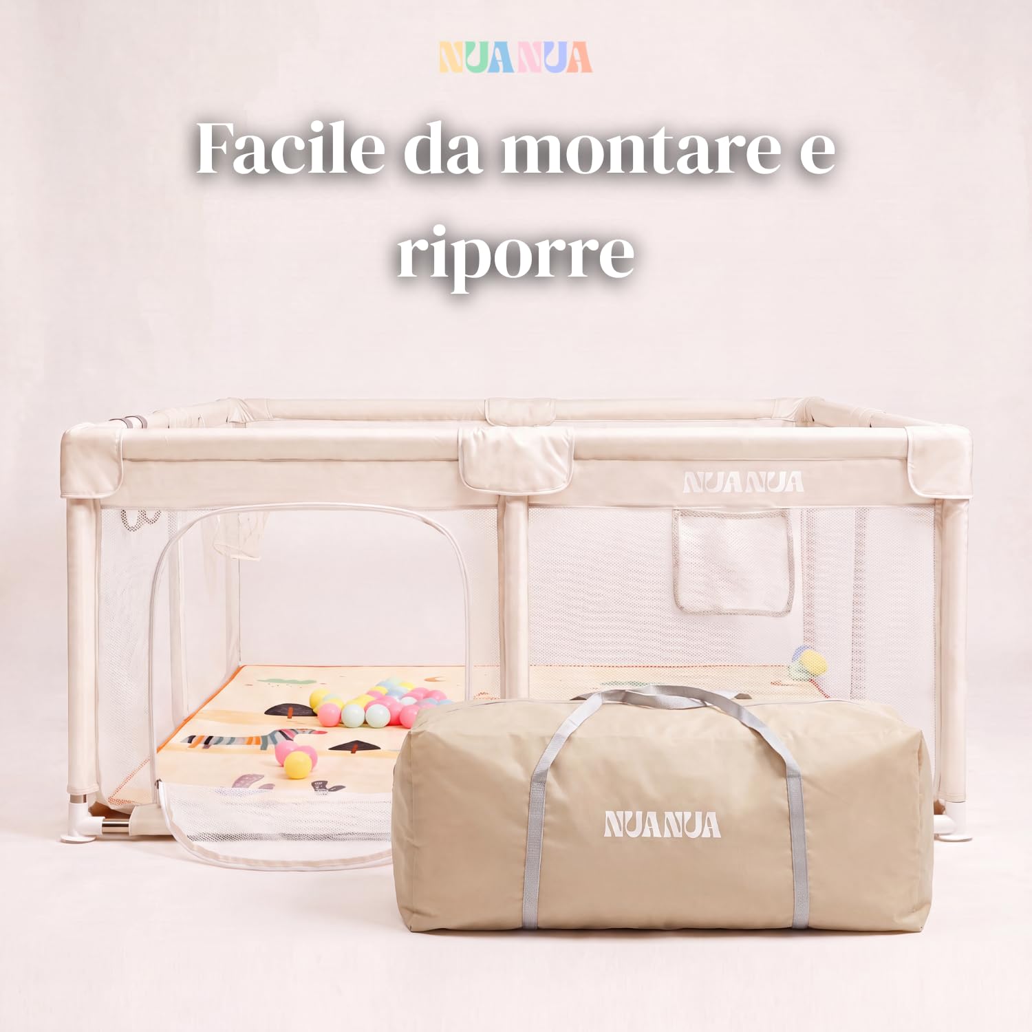 NUANUA Box Bambini XXL 150x180 cm - Recinto Neonato con Tappeto - Beige | Smontabile con materassino, palline, cesto e maniglie - piscina di palline per interno ed esterno - per bimbi 0-36 mesi