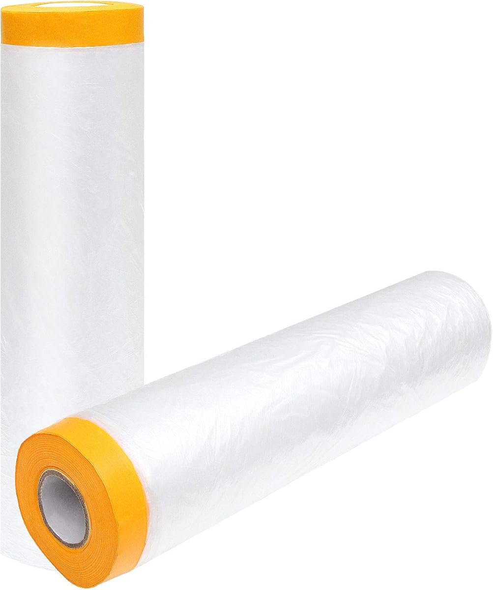Película de plástico para pintura de 13 pies x 65 pies, 2 piezas de cinta y paño de plástico para cubrir el polvo, película de enmascaramiento pregrabada para recubrimiento de pintura automotriz