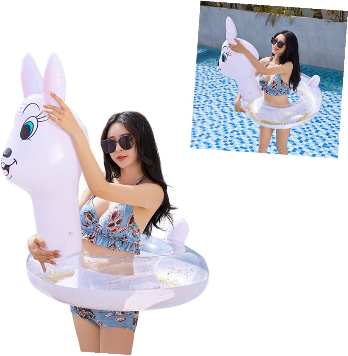 Inflatable Cartoon Rabbit Swimming Ring PVC Float for Adults, Thickened Sequins Water Floating Ring for Summer Pool Party and Water Entertainment