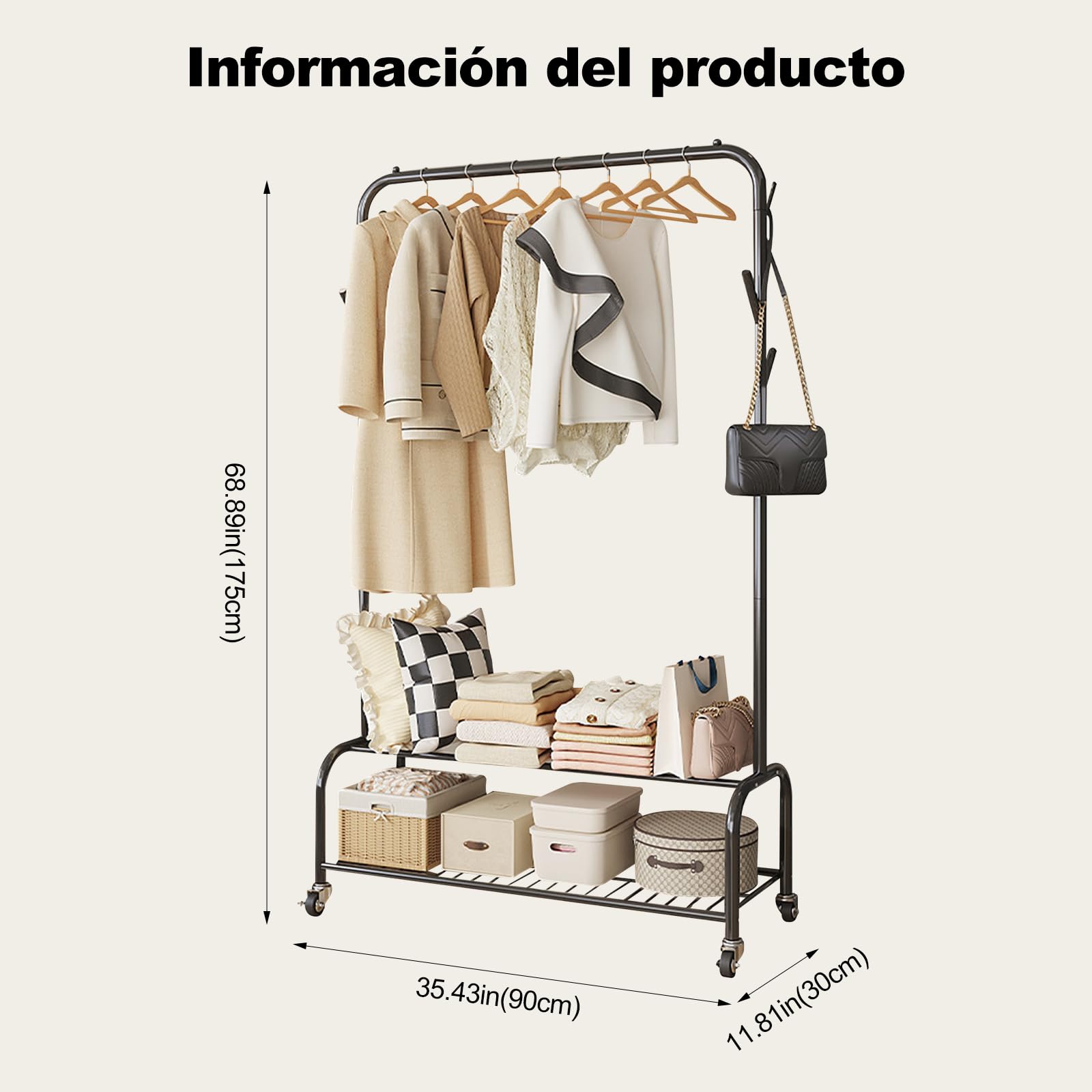 Ergocar Perchero, Perchero Independiente con Ruedas, Multifuncional Burro Ropa de Metálico, Montaje Fácil, para Ropa, Bolsos, Sombreros, Zapatos