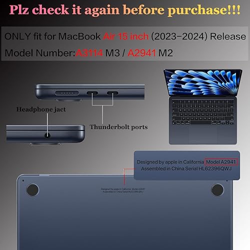 Miniatura 7 de Funda compatible con MacBook Air de 15 pulgadas A2941 M2, carcasa rígida de plástico, cubierta de teclado y protector de pantalla, adaptador USB C a