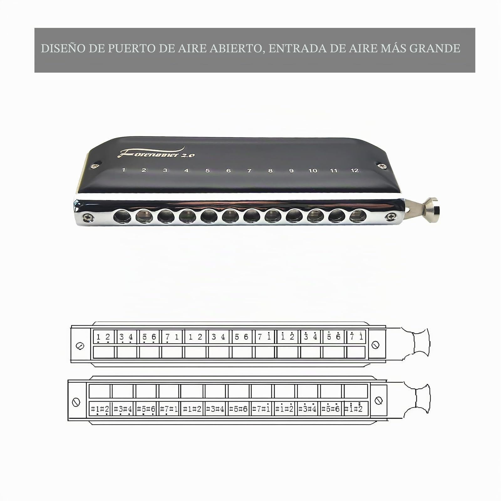 Armónica cromática Forerunner 2.0, 12 agujeros y boca, 48 tonos, órgano armónica sin válvula, peine ABS transparente, para jugadores, principiantes, adultos (Forerunner 2.0 1248)