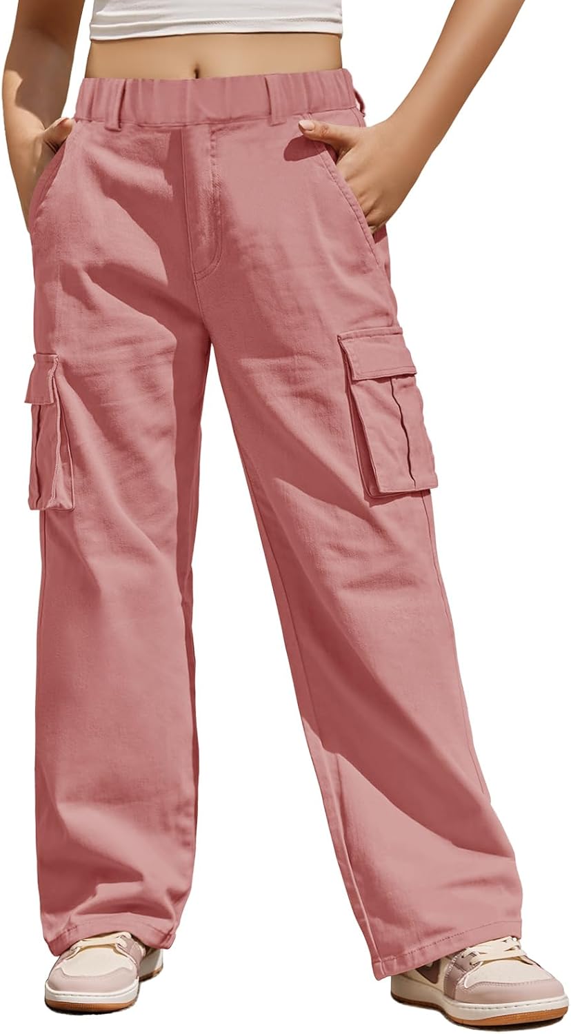 Haloumoning Girls Cargo Pants Casual Baggy Wide Leg Elastic Waist Jogger Trousers with Pockets 5-14 Years