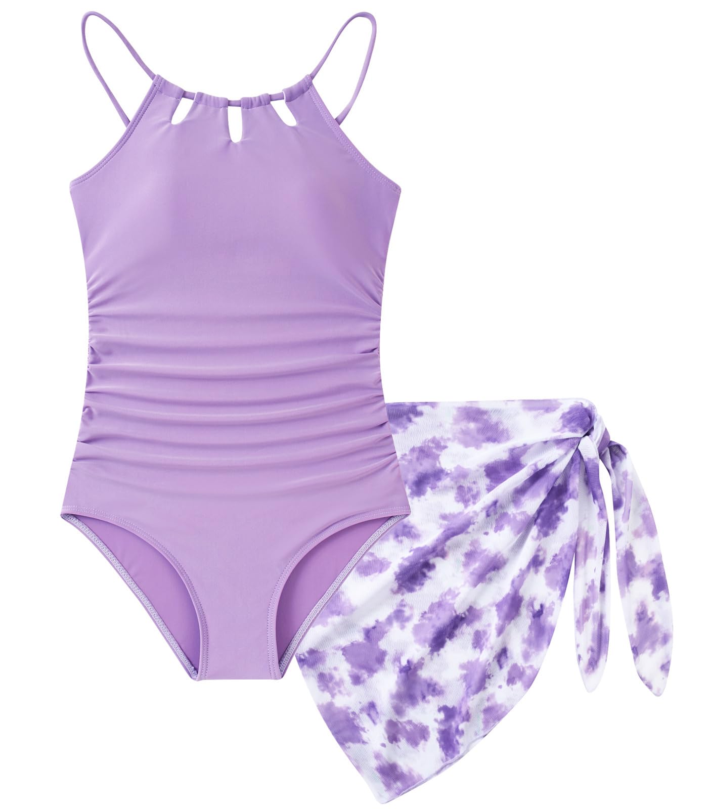 Girls One-Piece Swimsuit Bathing Suit with Cover Ups Size 7-16 | Adjustable spaghetti straps,Cut-out design, Removable chest pads, Swimwear for the beach, swimming pool, Hawaiian vacation