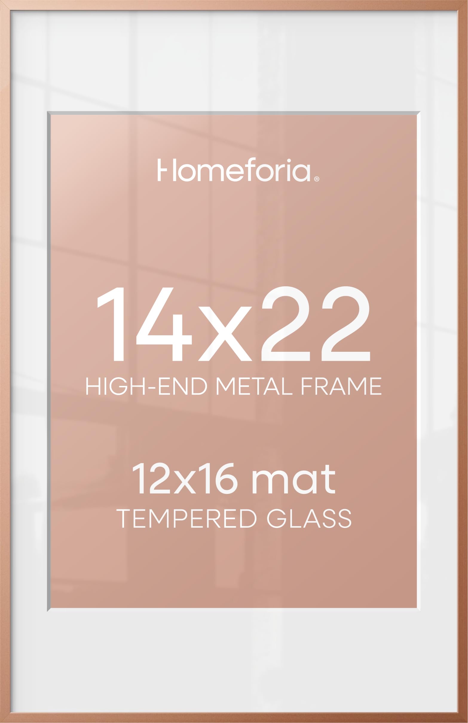 Homeforia 14x22 Rose Picture Frame, High-End Metal, 12x16 Mat, Glass | High End Aluminum, Tempered Glass, Acid-Free 12x16 Removable Mat, 14x22 in Edge-to-Edge Display 22x14, Wall Kit, Set Of 1