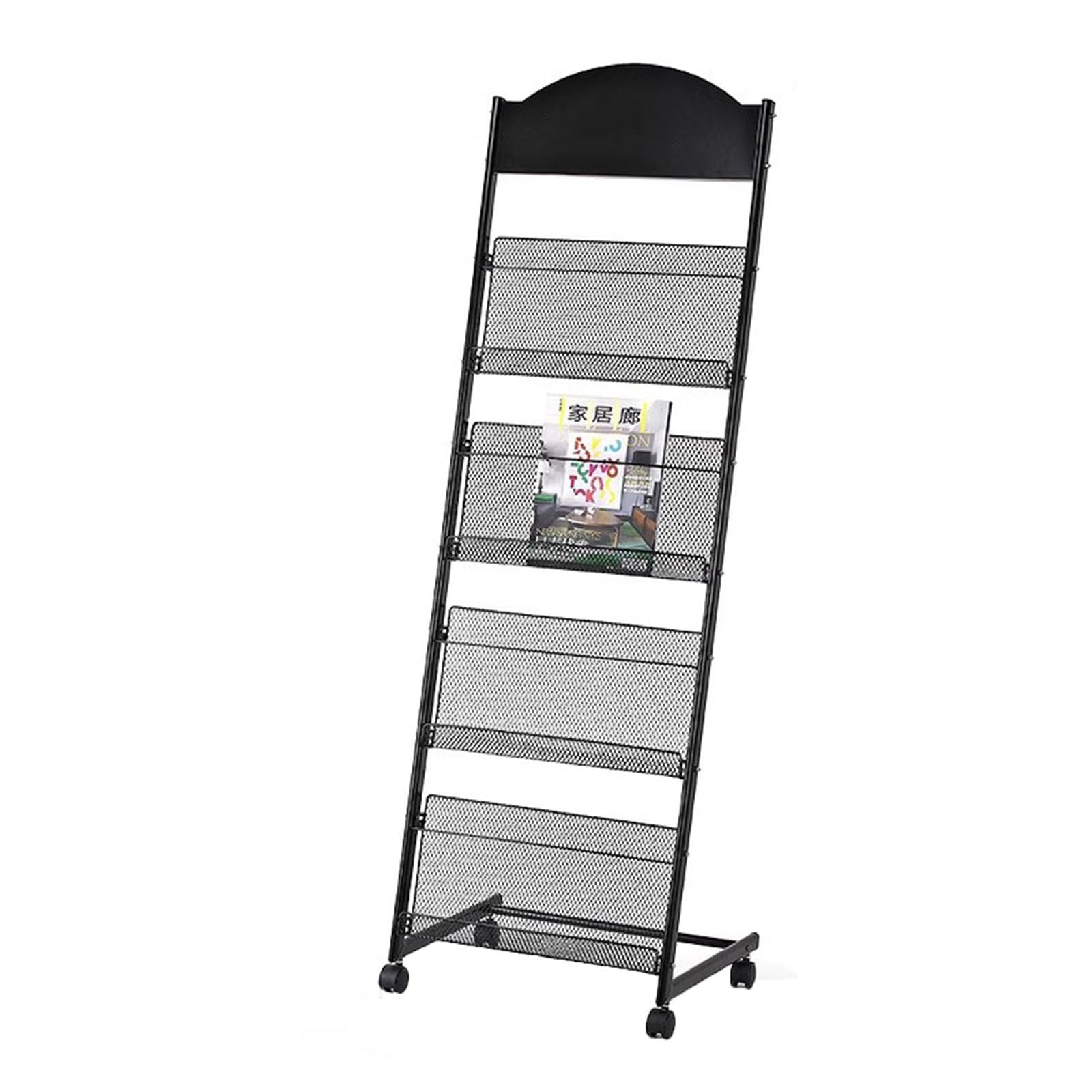 Portariviste da Pavimento per giornali, Portadocumenti in Ferro Nero a 4 Strati, espositore per Libri con 4 Ruote universali,70x146cm