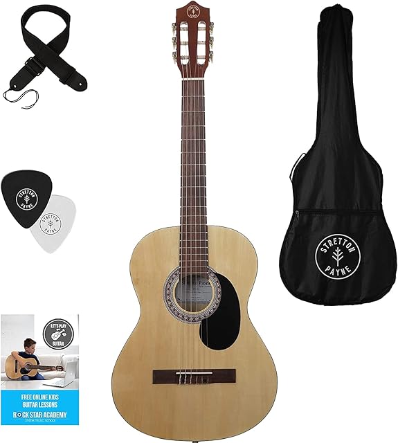 Stretton Payne Classical Guitar Full Size 4/4 (39' inch) Spanish Style Classical Acoustic Guitar Package Nylon Strings. Ideal Beginner Acoustic Guitar Pack - Natural Wood