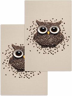 Coffee Owl Waffle Kitchen Towels Dishcloths, Cute Bird Big Eyes Animals Brown Beans Absorbent Dish Towels Hand Towels for Bathroom/Bar, 16 x 24 Inch, 2 Pcs