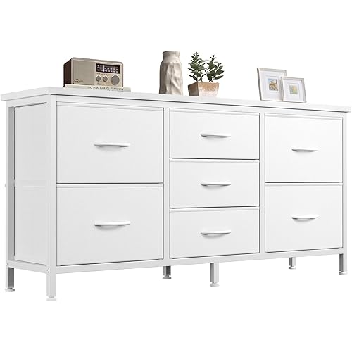 NEWBULIG Dresser for Bedroom with 7 Storage Drawers, Fabric Chest of Drawers with Metal Frame, Living Room Storage Organizers Units for Clothes, TV Stand and Hallway, White