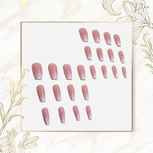 Miniatura 4 de 24 uñas postizas medianas a presión con forma de ataúd brillante, color rosa nude, con diseño de purpurina, uñas postizas de bailarina, lindas uñas
