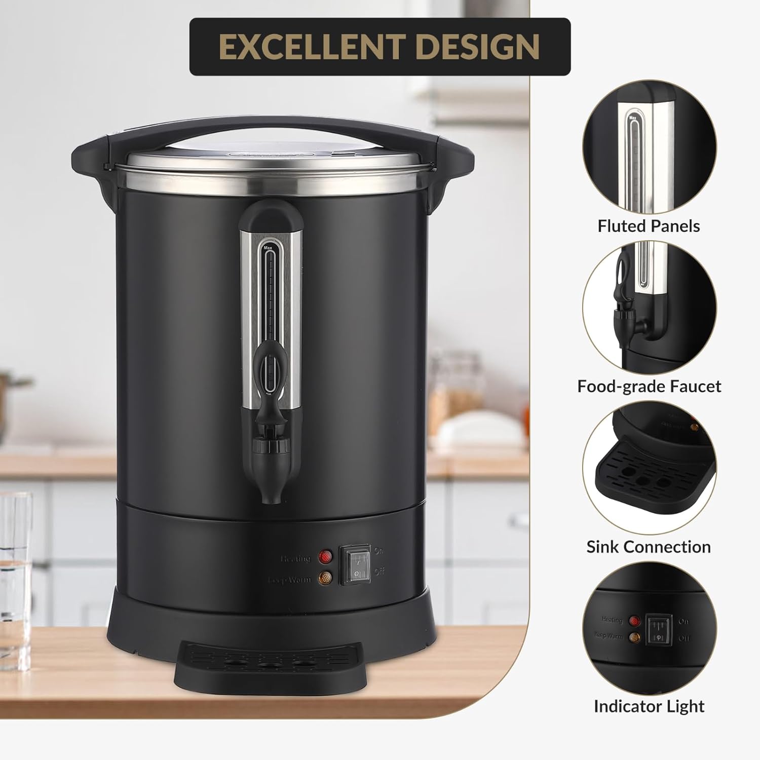 100-Cup Commercial Coffee & Hot Water Urn | 14l/3.8 Gal Large Capacity Stainless Steel Electric Beverage Dispenser with Double Wall Insulation | Professional Hot Beverage Maker for Catering, Weddings,